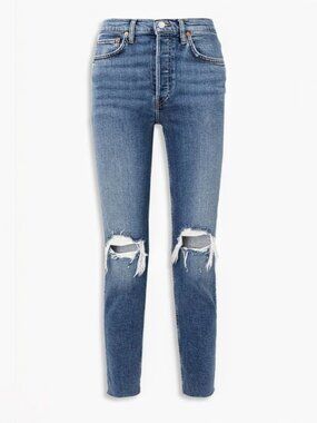 RE/DONE high rise ankle crop rip grunge straight denim jeans Dusty Destroy Ws 27